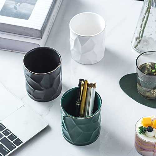Ceramic Irregular Round Pen Holder For Desk Cute Stand Gold Line Aesthetic Pencil Cup Pot Desk Organizer for Men Women Makeup Brush Holder (Black) - color: Black