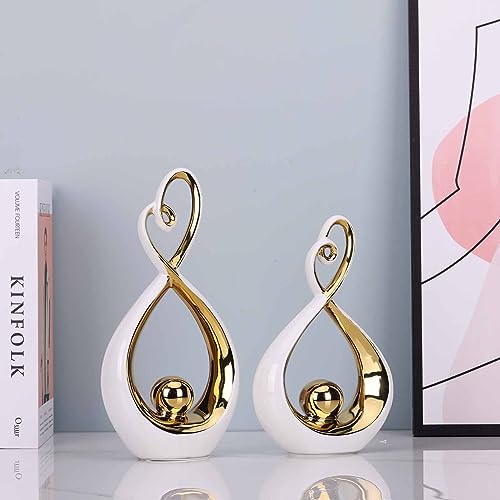 DOVDOV Modern Art Home Decor, Ceramic Abstract Sculpture 2 Piece Set, White and Gold Room Decor, Gorgeous Home Decor for Office, Shelf, Coffee Table and Desktop Decor Aesthetics. - color: 55-2