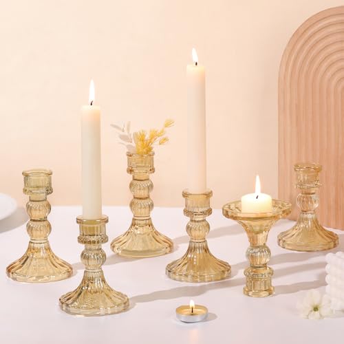DARJEN 6Pcs Gold Candlestick Holders Set - 4" H & 5" H Striped Taper Candle Holders Bulk, Glass Candle Holders for Wedding, Festival, Party, Table Centerpiece, Gifts - color: Gold, size: Striped Pattern