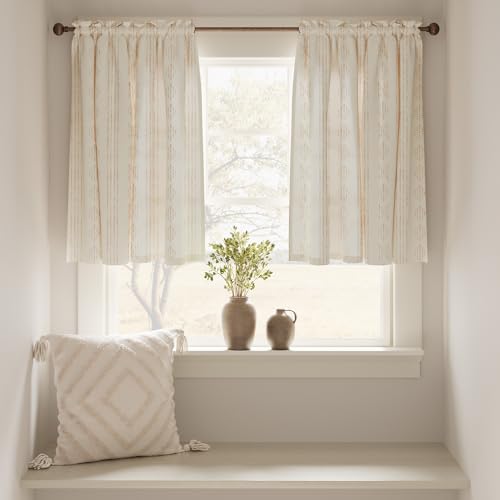 jinchan Boho Kitchen Curtains Linen Tier Curtains 24 Inches Bohemian Cafe Small Drapes Striped Mudcloth Farmhouse for Bathroom RV Camper Light Filtering Rod Pocket 2 Panels Taupe on Beige - color: Boho Taupe on Beige, size: 26"W x 24"L (Pack of 2)