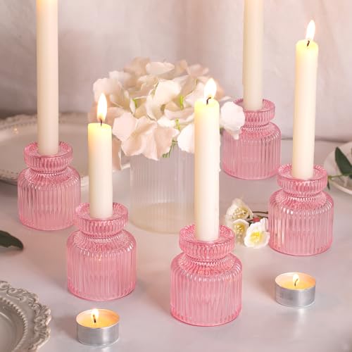 DARJEN 6 Pcs Pink Candlestick Holders - Glass Taper Candle Holders Tealight Votive Candle Holders for Table Centerpieces, Wedding, Dinner Party, Home, Gifts - color: Pink, size: 6Pcs
