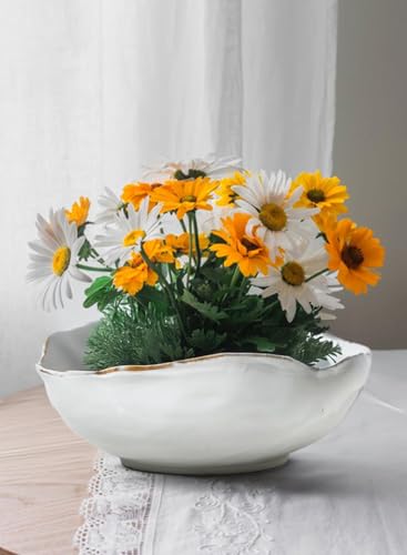 Serene Spaces Living Free-Form Glazed Ceramic Bowl with Sculpted Edge, Decorative Centerpiece for Table Styling, Modern Home Accent for Dining Table Mantel Shelf, 10.5" Diameter & 3.5" Tall - color: White, 10.5" Bowl