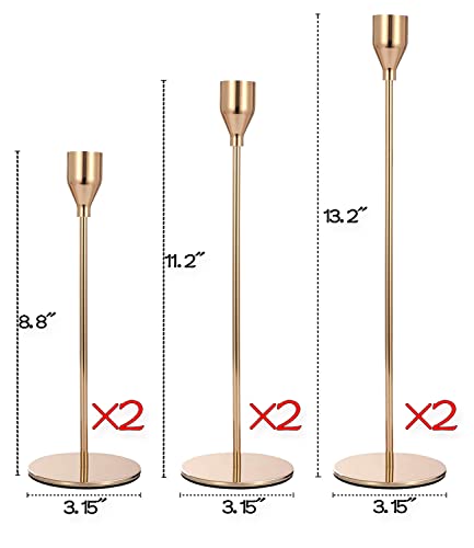 Gold Taper Candle Holder Set of 6, Brass Gold Tall Candlestick Holders, Metal Vintage Candle Stickers Long Holder Set, Pillar Decorative Candle Holder Fits 3/4 Inch Candle - color: French Gold-6 Packs