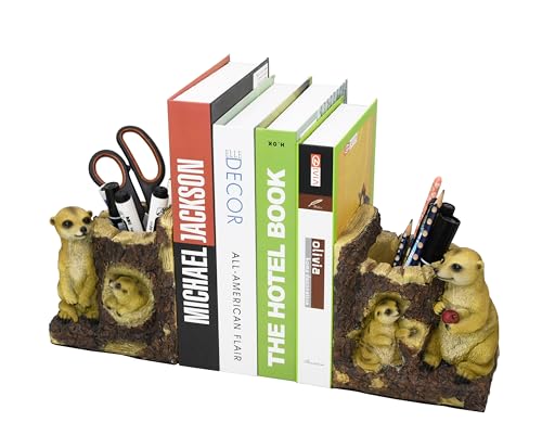 Owlgift Meerkat Bookends, Pair Decorative Pencil Holders for Shelves or Bookcase, Non-Skid Heavy Bookends, Home Décor Gift, Anti-Slip Base Book Stopper - color: Meerkat