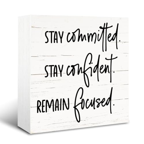 Inspirational Wooden Box Sign, Modern Farmhouse Shelf Decoration, Motivational Home Office Study Decor, Decorative Table Signs, Stay Committed Stay Confident Remain Focused Sign, White - color: Inspirational15