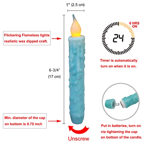 CVHOMEDECO. Real Wax Hand Dipped Battery Operated LED Timer Taper Candles Rustic Primitive Flameless Lights Decor, 6-3/4 Inch, Teal, 3 PCS in a Package - color: Teal 3 Pcs