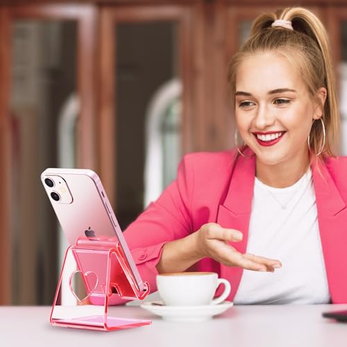 Crpich Acrylic Cell Phone Stand, Portable Phone Holder, Clear Pink Phone Stand for Desk, Compatible with Phone16 15 14 13 12 11 Pro Max SE, Switch, Android Smartphone, Pad, Tablet, Desk Accessories - color: Transparent Pink