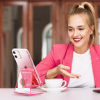 Crpich Acrylic Cell Phone Stand, Portable Phone Holder, Clear Pink Phone Stand for Desk, Compatible with Phone16 15 14 13 12 11 Pro Max SE, Switch, Android Smartphone, Pad, Tablet, Desk Accessories - color: Transparent Pink
