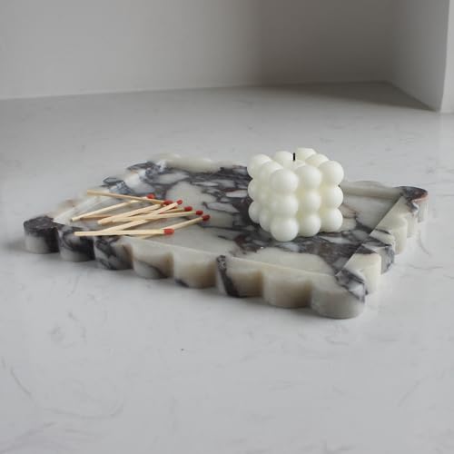 Natural Luxury Scalloped Marble Tray 10.8"x8", Rectangle Vanity Tray for Bathroom Kitchen Counter, Decorative Tray for Dresser Home Decor - Calacatta Purple - color: Calacatta Purple