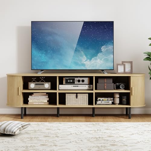 70.8" TV Stand with Power Outlet, Mid-Century Modern Television Stand, Fluted Media Console with Sliding Doors, Entertainment Center for TVs up to 60 Inch, Adjustable Shelves, Oak - color: Oak, size: 70.8 Inch