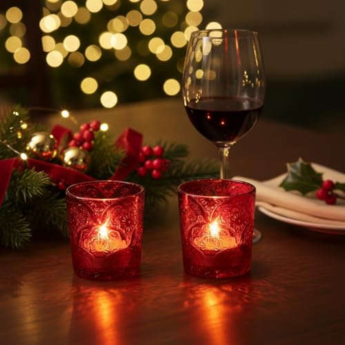 6 Pack Mandala Embossed Glass Candle Holders – Votive Tealight Holders with Patent Design, Decorative Embossed Glass Cups for Wedding Centerpieces, Parties, and Home Décor (Crimson Glow) - color: Crimson Glow
