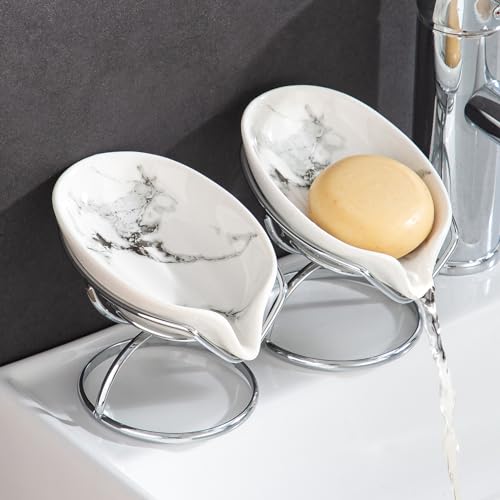 Dobbyby Leaf-Shaped Soap Dish – Ceramic Soap Bar Holder with Self-Drainage System – Bar Soap Holder for Shower, Bathroom Sink, Kitchen – Soap Dish with Stainless Steel Stand (White-Sliver-2 Pack) - color: White-sliver-2 Pack