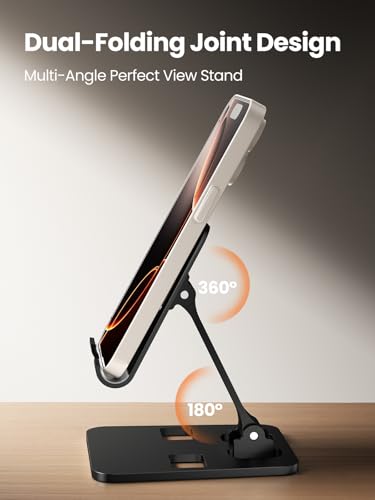 Phone Stand for Desk, Dual Folding Cell Phone Holder, Fully Adjustable Portable Mobile Phone Holder for iPhone 17 16 15 14 13 12 11 Pro Max Plus Air, Galaxy S25 S24, All Phones (Black) - color: Black