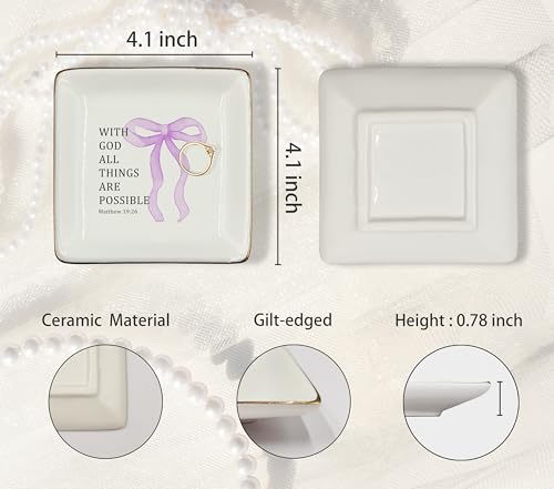 WODMIS Christian Coquette Purple Bow Ceramic Jewelry Tray Dish, Preppy Bible Verse Jewelry Plate Ring Trinket Dish, Trendy Aesthetic Ribbon Gifts for Women Bestie Best Friends 512 - color: Purple