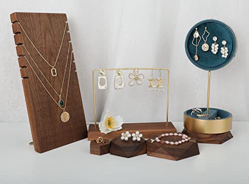 GemeShou 5pcs Wood Jewelry Tray Hexagon Display Riser Stand Set, Retail Jewelry Shop Display Riser【Walnut Hexagon 5pcs Large】 - size: Big