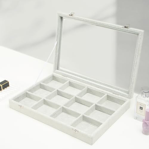 Coward Jewelry Organizer Tray Box, Grey Beige Velvet 12 Grids Bracelet Bangle Necklace Jewelry Display Tray Case with Transparent Glass Lid for Home Desk Drawer or Store Selling Show - color: Grey Beige Velvet, size: 12Grids Box