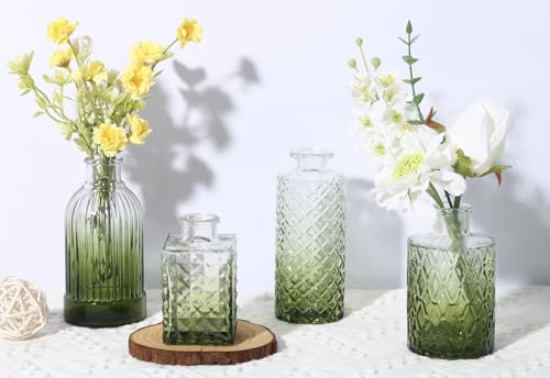 12 Pack Green Glass Bud Vase Set, Small Vintage Vases for Centerpieces, Decorative Flower Vases for Wedding Home Table Decor - color: Green, size: 12pcs