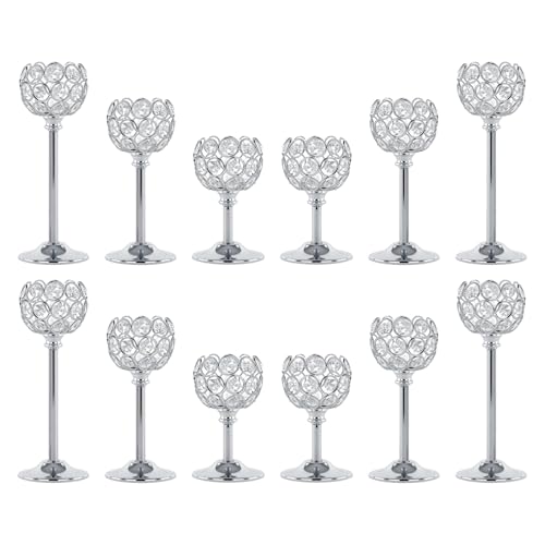 Crystal Candle Holders 4 Set of 12 - Sliver Vintage Hollow Ball Candle Stand for Table Centerpiece, Crystal Metal Tealight Candlestick for Wedding, Dining Room Decor - color: Silver, size: 4Sets(12 Pcs)