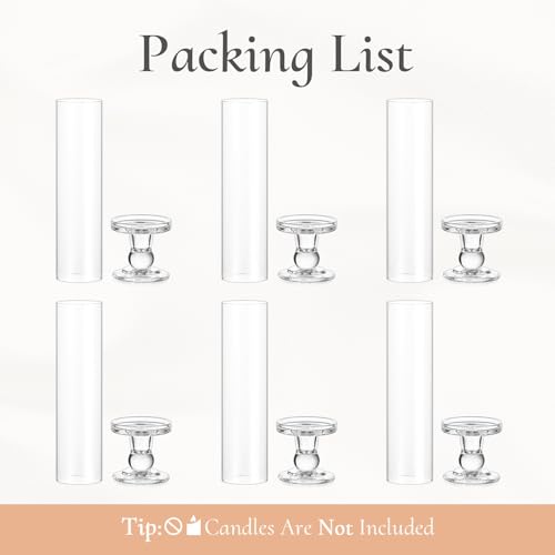 Hurricane Glass Taper Candle Holder: 6Pcs Tall Hurricane Candle Holder for Home Clear Tapered Candlestick Holders with Open Ended Sleeve Glass Candle Stick Holder for Table Centerpieces - size: S - 6 Pcs