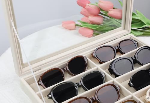 Stratalife Sunglasses Organizer Sunglass Display Tray Jewelry Tray with Lid Sunglasses Storage Case Drawer Watch Box for Men and Women Beige (8 Grids) - color: Beige, size: 8 Grid