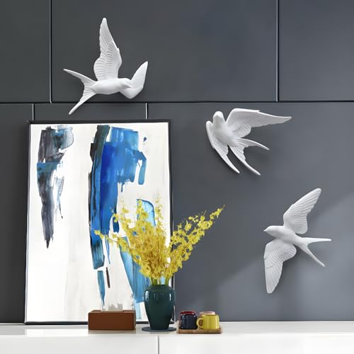 3 Pcs Swallows Bird Wall Sculpture, 3D White Birds Sparrows Swallows Decor, Outdoor/Indoor Peace Peace Dove Bird Figurines for Home, Garden and Patio (White)