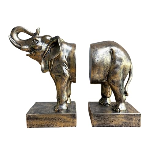 Elephant Book Ends Decorative Bookends for Shelves, Animal Elephant Bookends for Bookshelf Decor, Decorative Book Stoppers for Home Office Library - color: Vintage Elephant - Faux Bronze