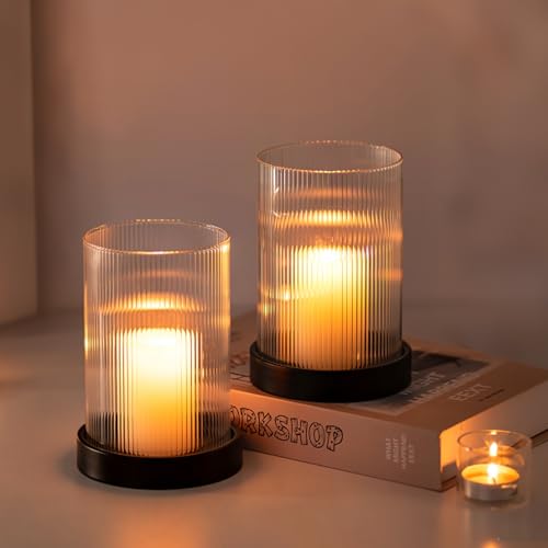 Glasseam Glass Hurricane Candle Holder: Black Pillar Candle Holders Set of 2 Ribbed Clear Glass Cover with Metal Candle Tray Modern Candle Holders for Table Centerpiece Living Room Fireplace Decor - color: Black