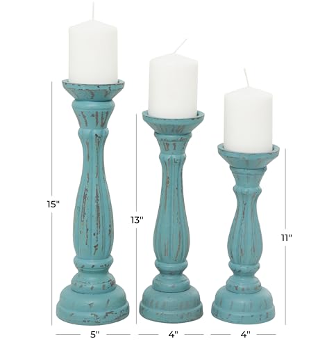 Deco 79 Wooden Decorative Candle Holder Distressed Candle Stand, Set of 3 Candlestick Holder 15", 13", 11"H, Blue - color: Blue, size: Blue