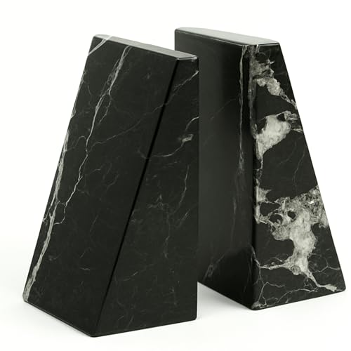 Bey-Berk Whitney Zebra Marble Bookends (Black, Set of 2), 4" x 2.5" x 6" Heavy Wedge Book Ends for Desk, Shelf, or Office - color: Black