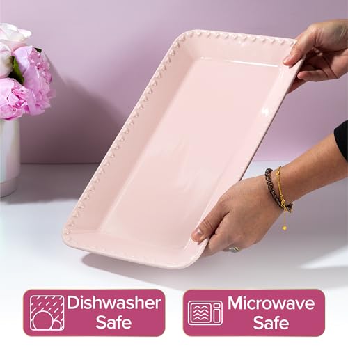 Paris Hilton Rectangle Ceramic Stoneware Serving Platter Tray, Embossed Hearts, Microwave Safe, 15x8-Inch, Pink