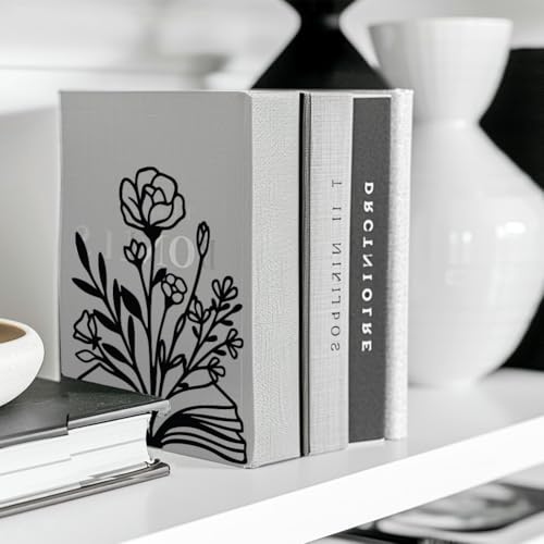 Peacoblue Metal Bookends for Shelves, Modern Decorative Heavy Duty Study Book Support Stoppers for Office, Desk, Shelf, Room 5.3"x4.3"x7.9" Cast Iron Simple Tall Bookends, 1 Pair (Books and Flowers) - style: Books and Flowers