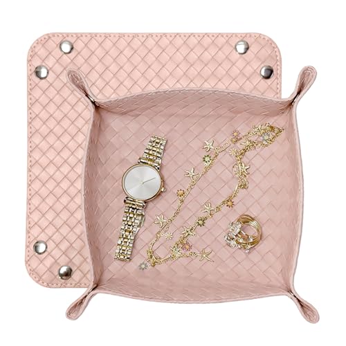 UnionBasic Small Valet Tray, Jewelry Tray for Rings Watches Earrings, Entryway Catchall Caddy for Coins Keys Change, Nightstand Bedside Valet Holder, Trays for Electronic Gadgets, Woven Pink - color: Woven Pink, size: 5.4" x 5.4" x 1.6"