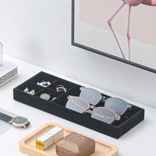 2Pcs Desk Drawer Storage Tray, Nightstand Organizer Tray, Necklace Bracelet Ring Earring Jewelry Display Tray, Grid Table Organizer Holder Tray for Sunglass, Phone, Watch, Perfume (6 grid)/Black - color: Black, size: 6 Grid