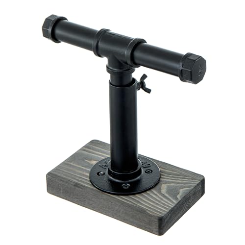 MyGift Adjustable Height Industrial Pipe Organizer Stand - Rustic T-Bar for Jewelry, Headphones, Medals, Kitchen Utensils & Display, Gray Wood Base (Black/Gray, Country Style) - color: Black / Gray