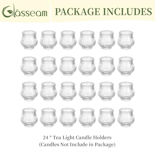Glasseam Glass Tealight Candle Holder: Set of 24 Ribbed Clear Votive Candle Holders Bulk for Wedding Centerpiece Christmas Table Decorations Party
