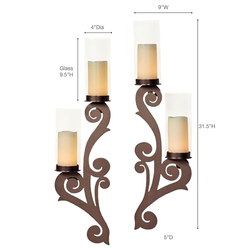 Augustine Scrollwork Bronze Candle Wall Sconce Pair | Metal Designs with Included Hurricane Style Glass Candleholder - color: Bronze