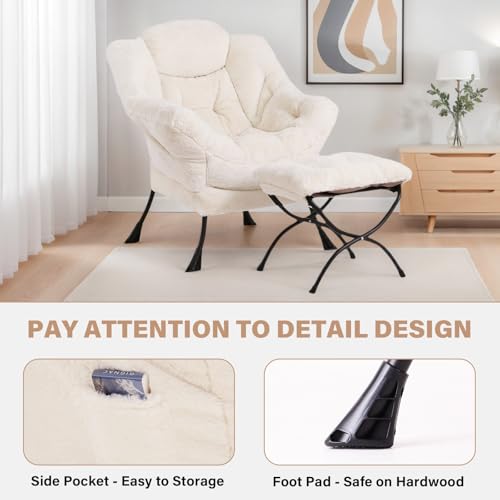 Tiita Lazy Chair with Ottoman, Beige Modern Large Accent Chair, Comfy Leisure Sofa Armchair with Ottoman, Reading Chair with Footrest for Bedroom, Living Room, Dorm Rooms, Plush Beige - color: Plush-beige