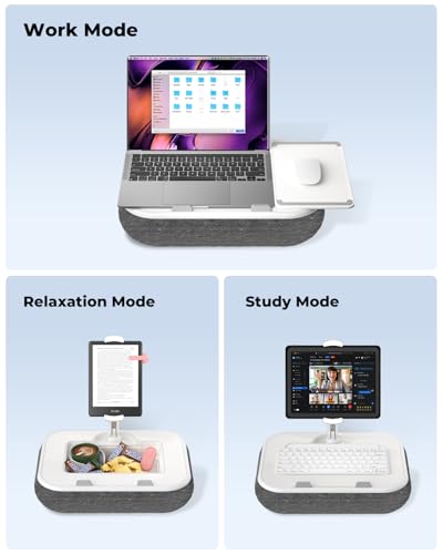 Viozon Kindle Pillow Stand Holder, Phone Holder for Bed, Laptop Lap Desk with Mouse Pad,Compatible with 4.7-13" Kindle/Tablet/Phone,10-15" Laptop, Snack Bowl&Cup Attachment&Detachable 360°Stand Arm - color: White/Grey