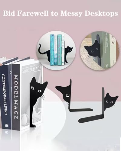 Metal Cat Bookends, 1 Pair Cute Cat Bookends for Shelves Decorative for Home Office Desk Bookshelf Decor (Black,Full-face) - color: Cat-half-face