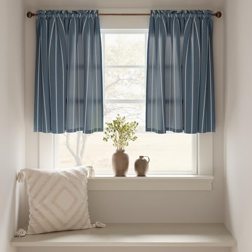 jinchan Nautical Striped Linen Kitchen Curtains 24 Inches Farmhouse Tier Cafe Curtains for Living Room Bathroom Laundry RV Rustic Half Window Light Filtering 2 Panels Dusty Navy - color: Nautical Striped Blue, size: 26"W x 24"L (Pack of 2)