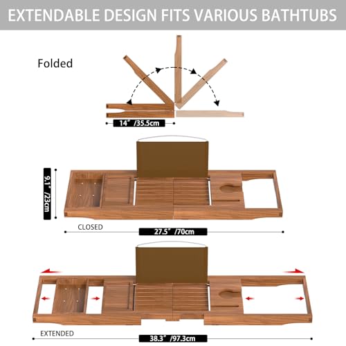 Premium Teak Bathtub Tray Caddy, Expandable Wooden Bath Tray for Tub,Luxury Bathroom Accessories,Great House Warming, Anniversary & Wedding and Birthday Gifts - color: Teak Wood