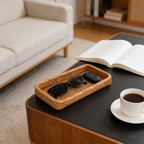 Small Rattan Serving Tray, Natural Wicker Decorative Tray for Trinket Ring Cosmetic, Rectangular Keys Basket Jewelry Perfume Trays for Coffee Table Entryway Living Room(10" × 5.1") - style: S (10" × 5.1")