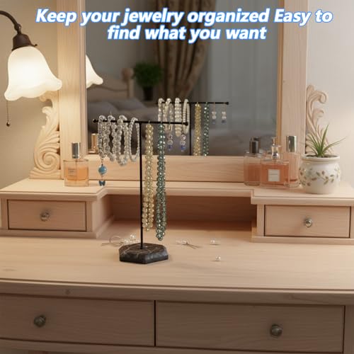 Tyqour Jewelry Stand Necklace Holder Organizer, Adjustable T-Bar Necklace Display Stand with Black Metal Base, Hanging Jewelry Organizer for Necklaces, Bracelets, Earrings, Watches