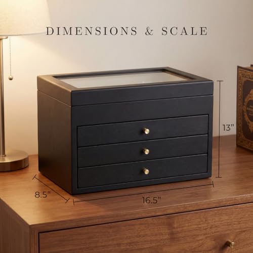 Bey-Berk Custom Personalized Watch Box Organizer - 48 Slot Luxury Solid Wood Designer Display, Large Watch Slots - color: Black