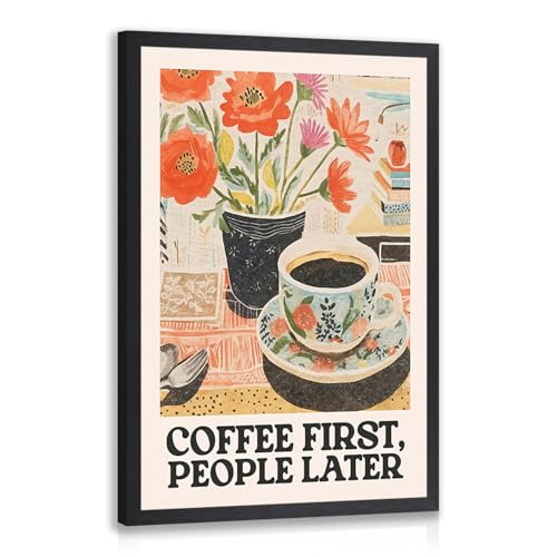 GELDSTEI Wood Framed Retro Coffee Wall Art, Vintage Cafe Wall Decor, Coffee First People Later Canvas Painting, Classical Cafe Bar Poster Print for Kitchen Dining Room Home Office 12x16 Inch - color: Retro(Wood), size: 16"L x 12"W
