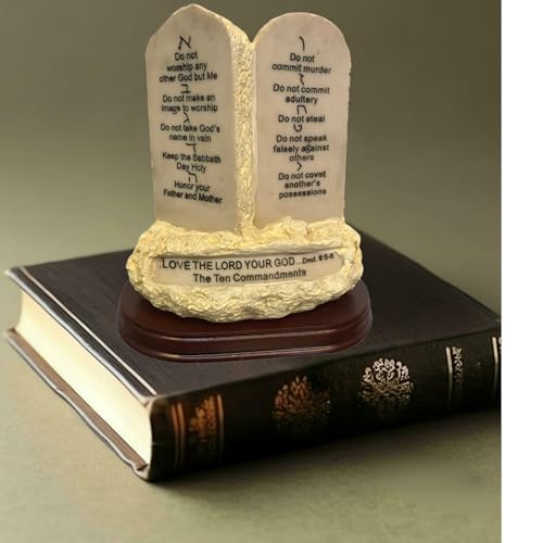 Ten Commandments Tabletop Decor Stone Replica Statue with Scripture On Wood Base - 7 Inches Tall The 10 Commandments Decor for Home or Office.