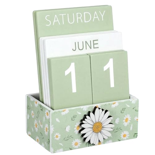AceOrbit Green Daisy Flower Wood Block Perpetual Calendar Coquettish Desk Decor Cute Month Week Date Display Decorative Block Calendar for Women Office Home Desk Gift for Women - style: Green Daisy