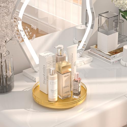 10" Gold Lazy Susan for Table Top, Oak Wood Lazy Susan Turntable Organizer for Dining Coffee Table Centerpiece Bar Decor Kitchen Countertop Bathroom Vanity Decorative Tray for Perfume Jewelry Round - color: Golden, size: 10