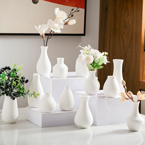 White Bud Vases, Ceramic Small Vase Set of 12, Mini Vases for Fresh and Dried Flowers, Modern Home Decor, Pottery Table Centerpiece - color: 01 White - 12 Pcs