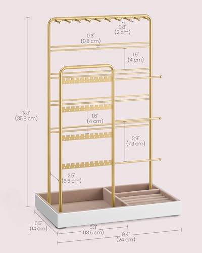 SONGMICS Necklace Holder, Jewelry Stand Holder Organizer, Jewelry Display with Metal Frame, Velvet Tray, Earring Bracelet Holder, for Gift Idea, 5.5 x 9.4 x 14.1 inch, Pale Gold UJJS028A01 - color: Pale Gold, size: 5.5"D x 9.4"W x 14.1"H